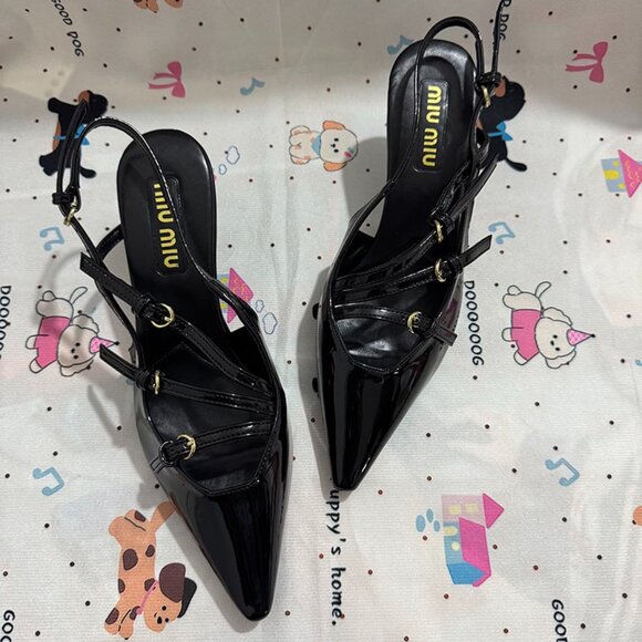 Miu Miu Black Glossy Pointed-Toe Multi-Strap Pumps - Picture 1 of 6